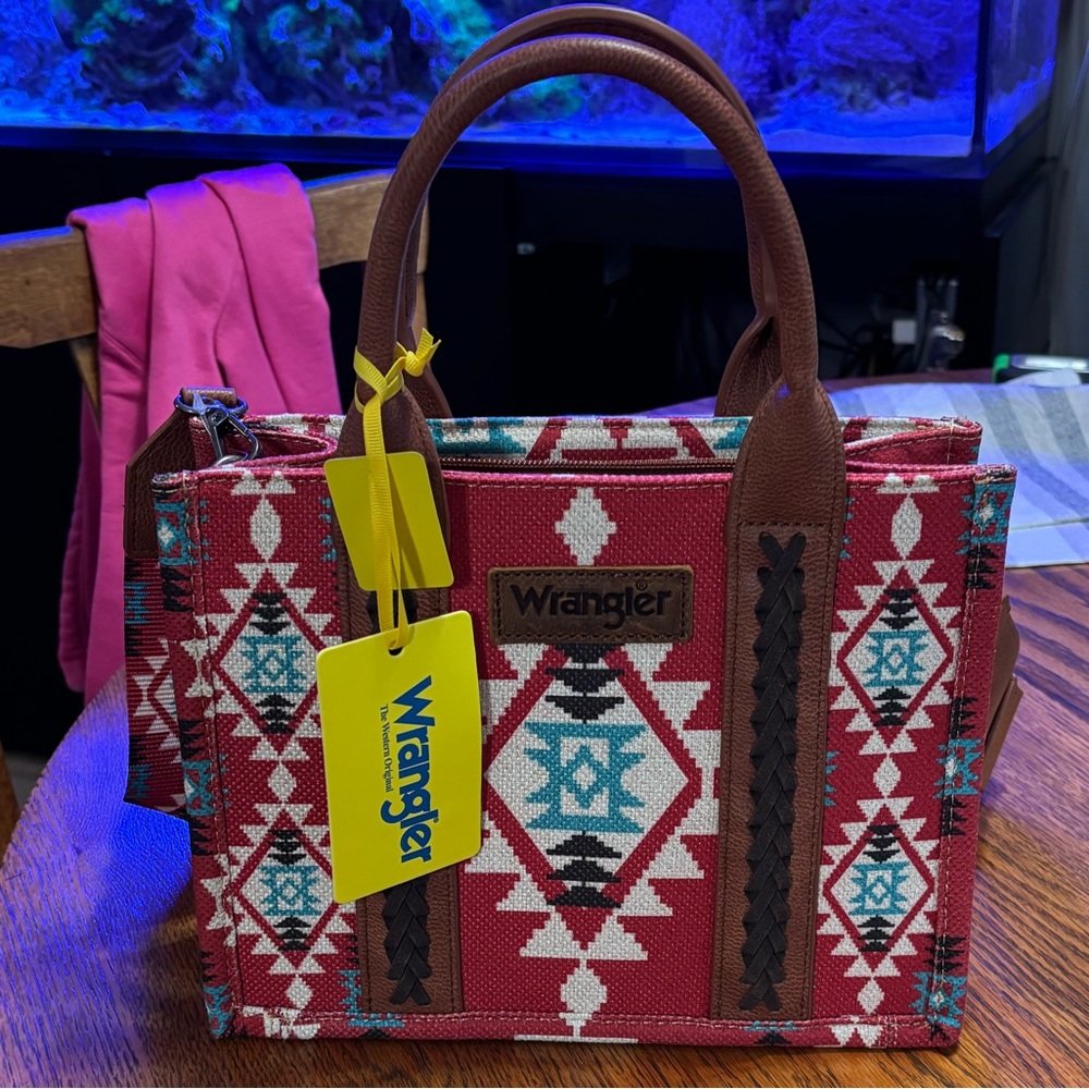 Wrangler Red and Brown Tote Bag with Geometric Accents
